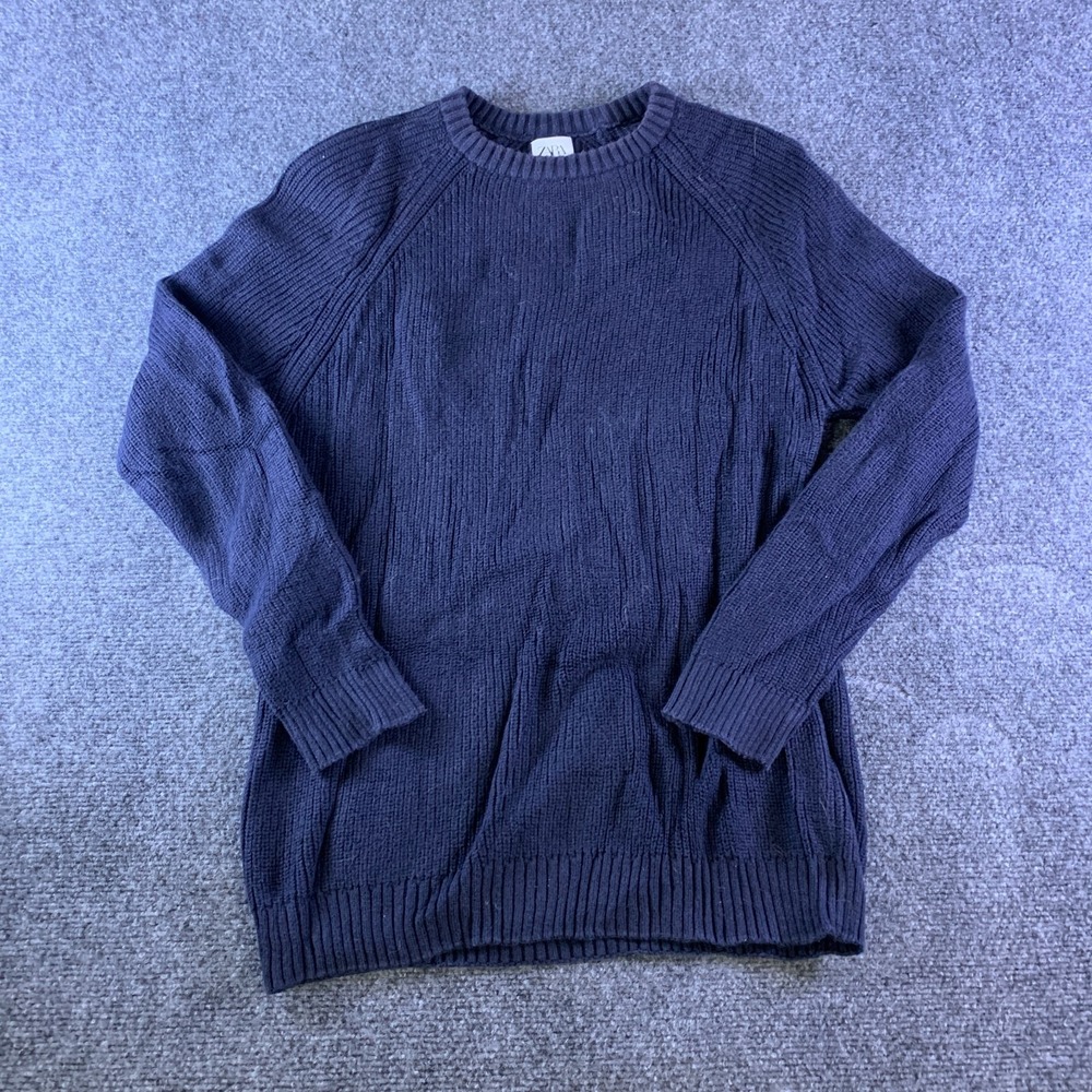 Zara Sweater Mens M Blue Good Tight Knit Fine Cotton Crew Neck Pullover 3597/300